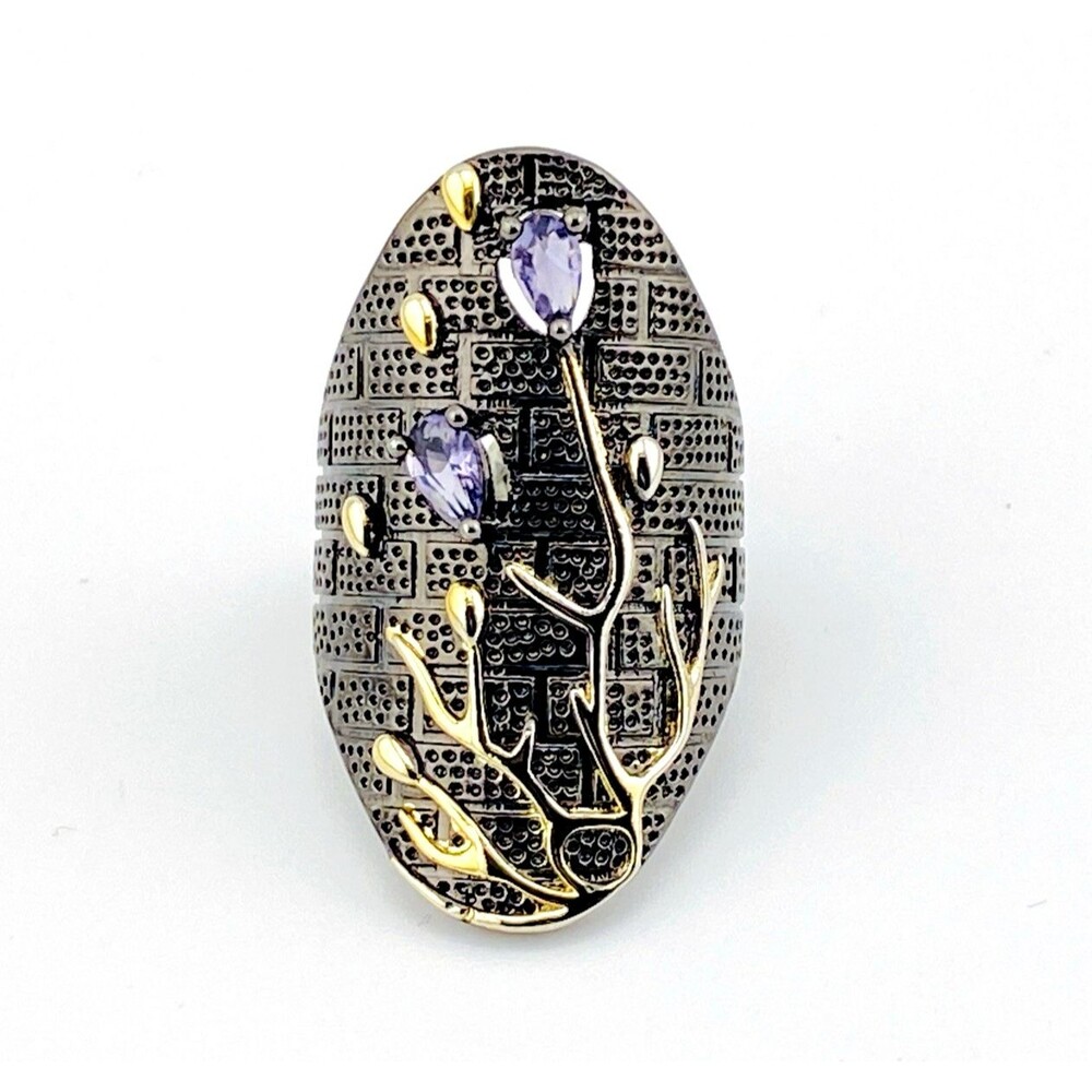 Black Rhodium Sterling Silver Coral Branch Ring Amethyst CZ Size 6